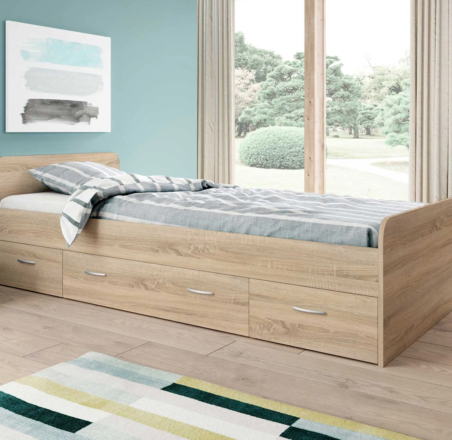 Bett Barko 90x200 mit 3 Schubladen - Eiche