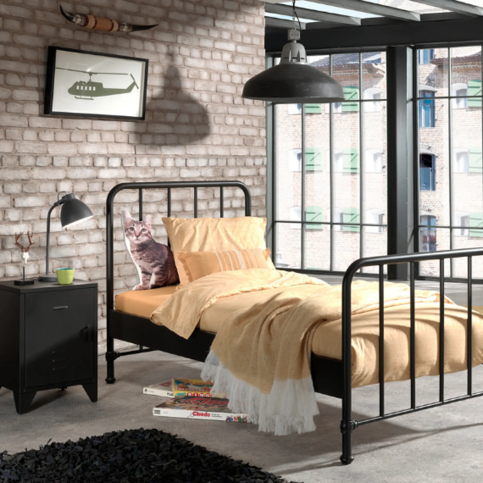 Bett Bronxx Metall 90x200 (inkl. Lattenrost) mit Nachttisch - mattschwarz