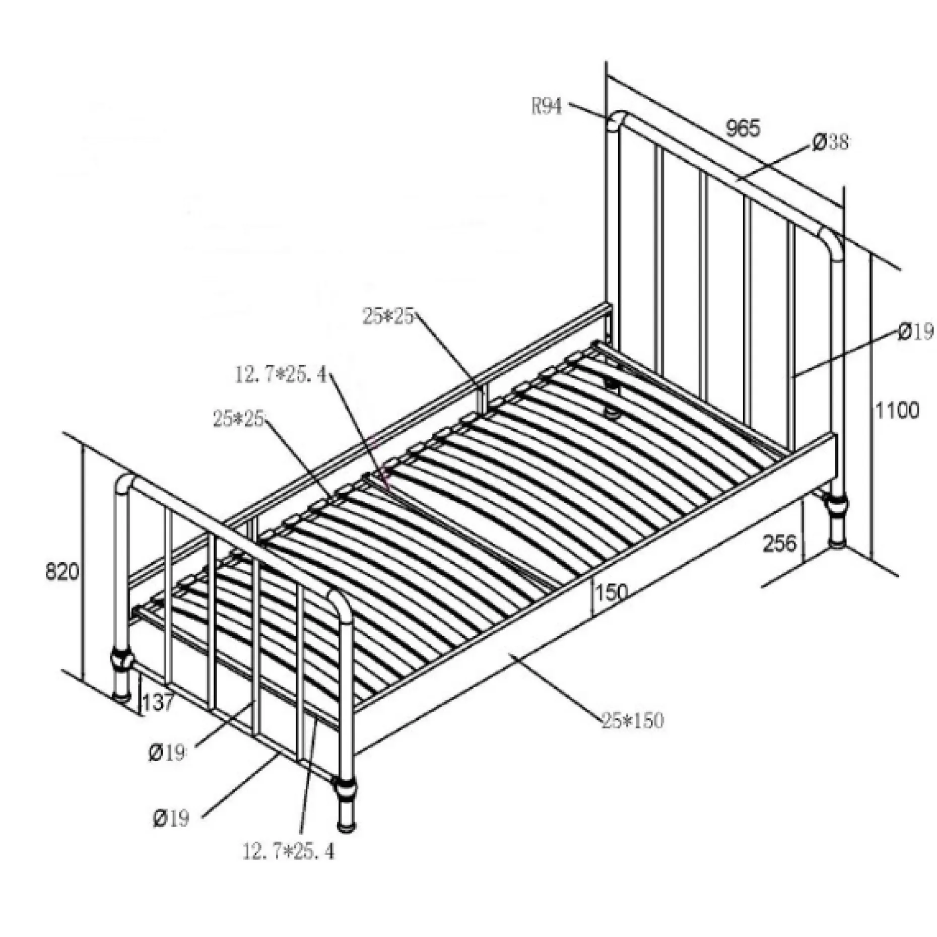 Bett Bronxx Metall 90x200 (inkl. Lattenrost) mit Nachttisch - mattschwarz