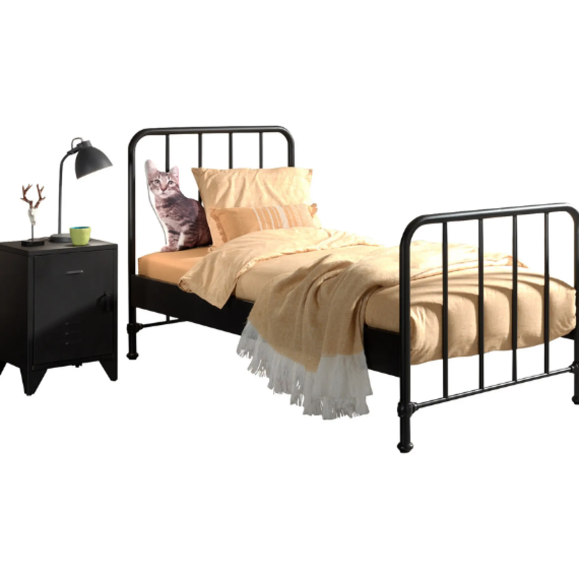 Bett Bronxx Metall 90x200 (inkl. Lattenrost) mit Nachttisch - mattschwarz