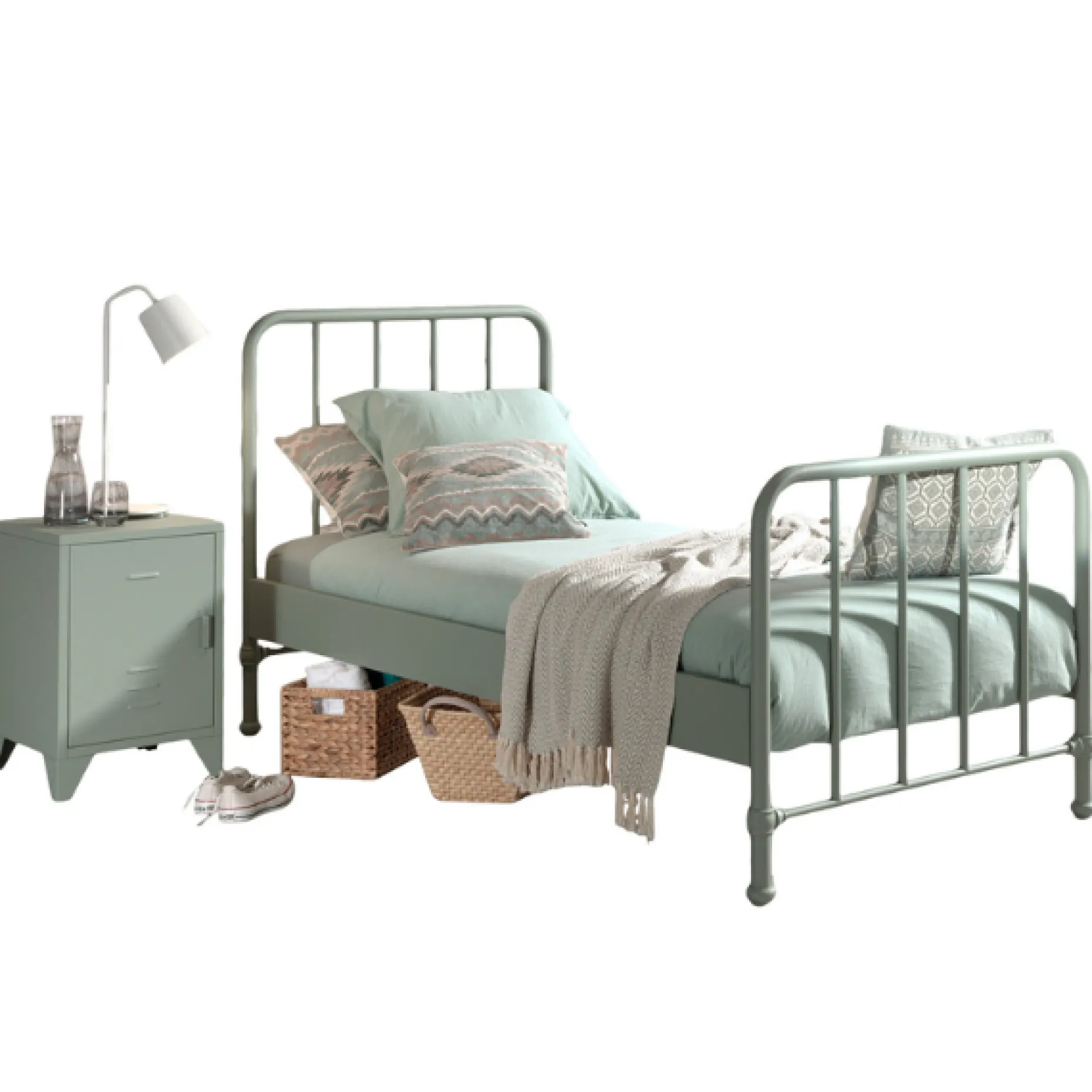 Bett Bronxx Metall 90x200 (inkl. Lattenrost) mit Nachttisch - matt olivgrün
