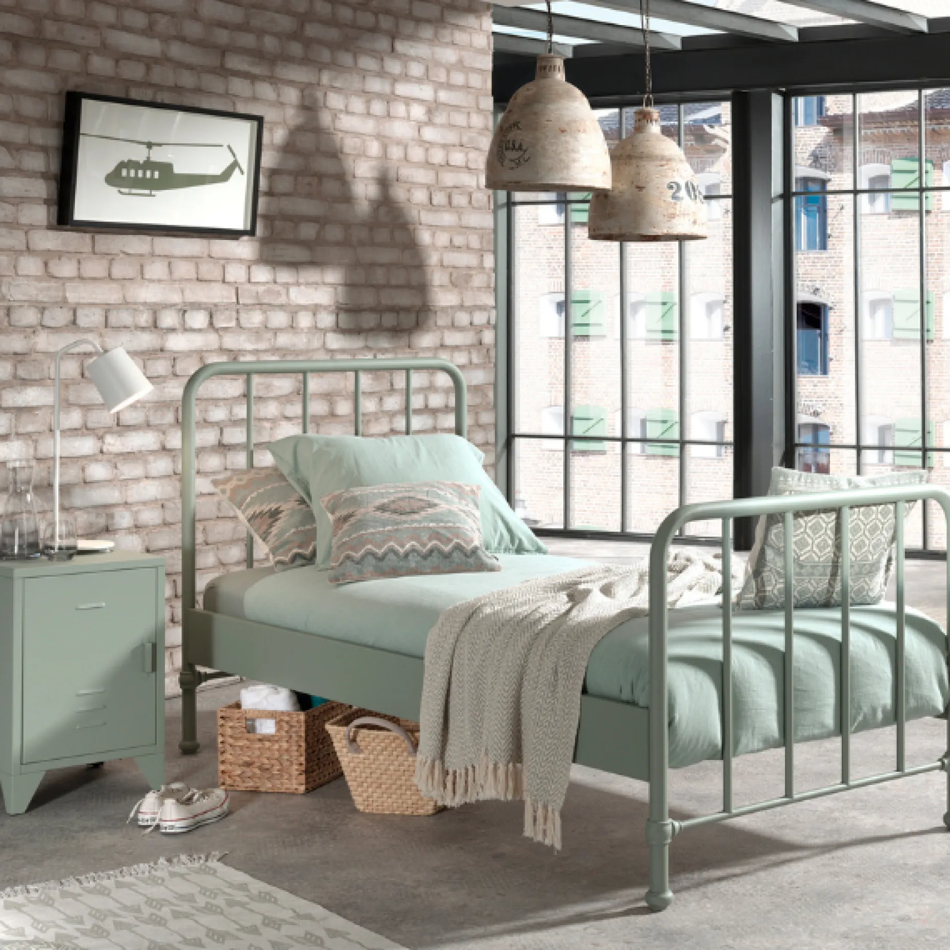 Bett Bronxx Metall 90x200 (inkl. Lattenrost) mit Nachttisch - matt olivgrün