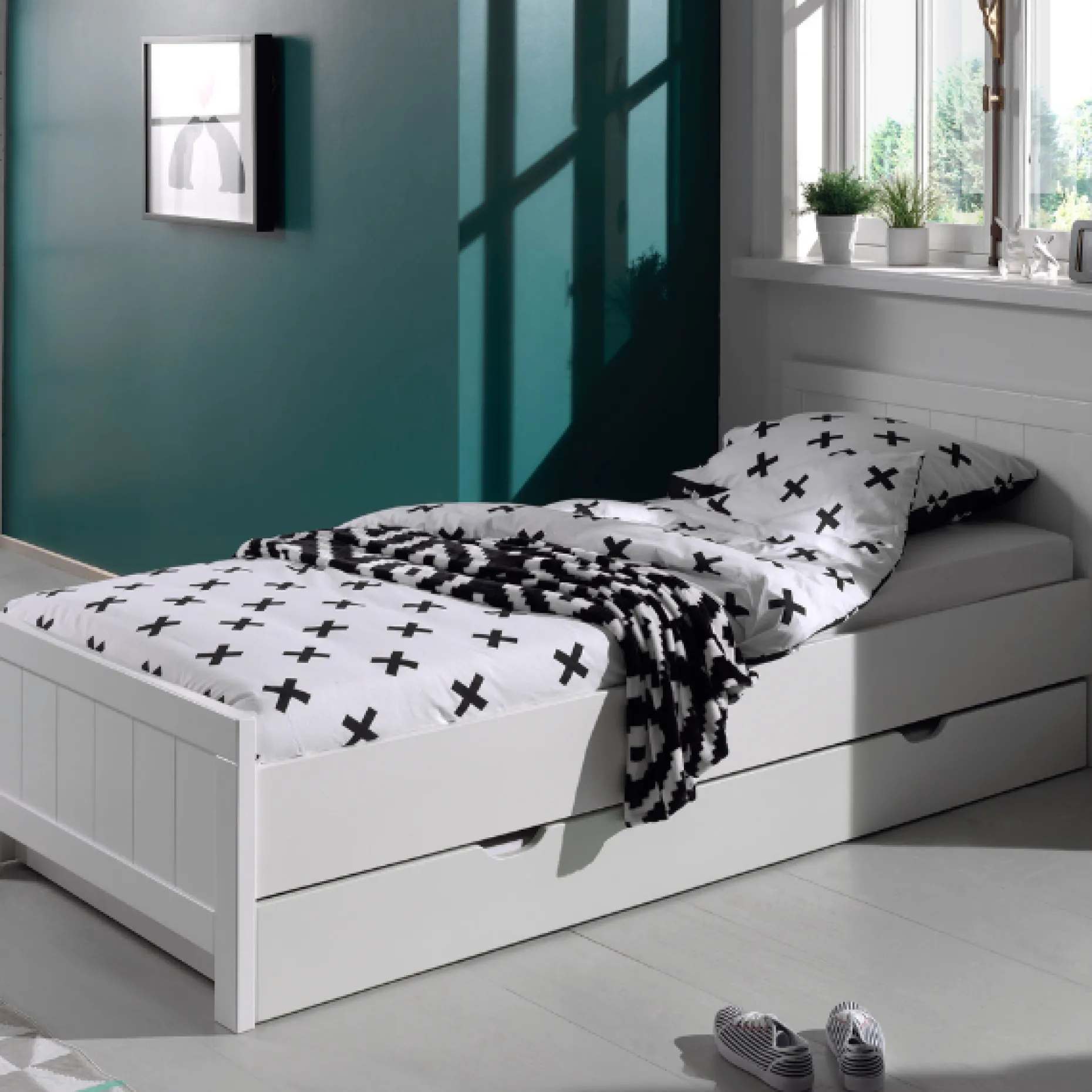 Bett Erik 90x200cm (inkl. Lattenrost) mit Bettkasten 90x190 cm - weiß