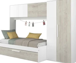 Bett Lev 90x200 cm mit Schrank und Bettschublade - Kiefer/weiß