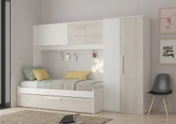 Bett Lev 90x200 cm mit Schrank und Bettschublade - Kiefer/weiß