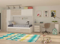 Bett Lev 90x200 cm mit Schrank und Bettschublade - Kiefer/weiß
