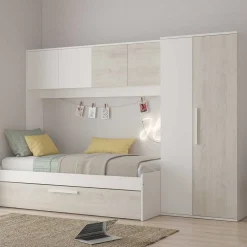 Bett Lev 90x200 cm mit Schrank und Bettschublade - Kiefer/weiß
