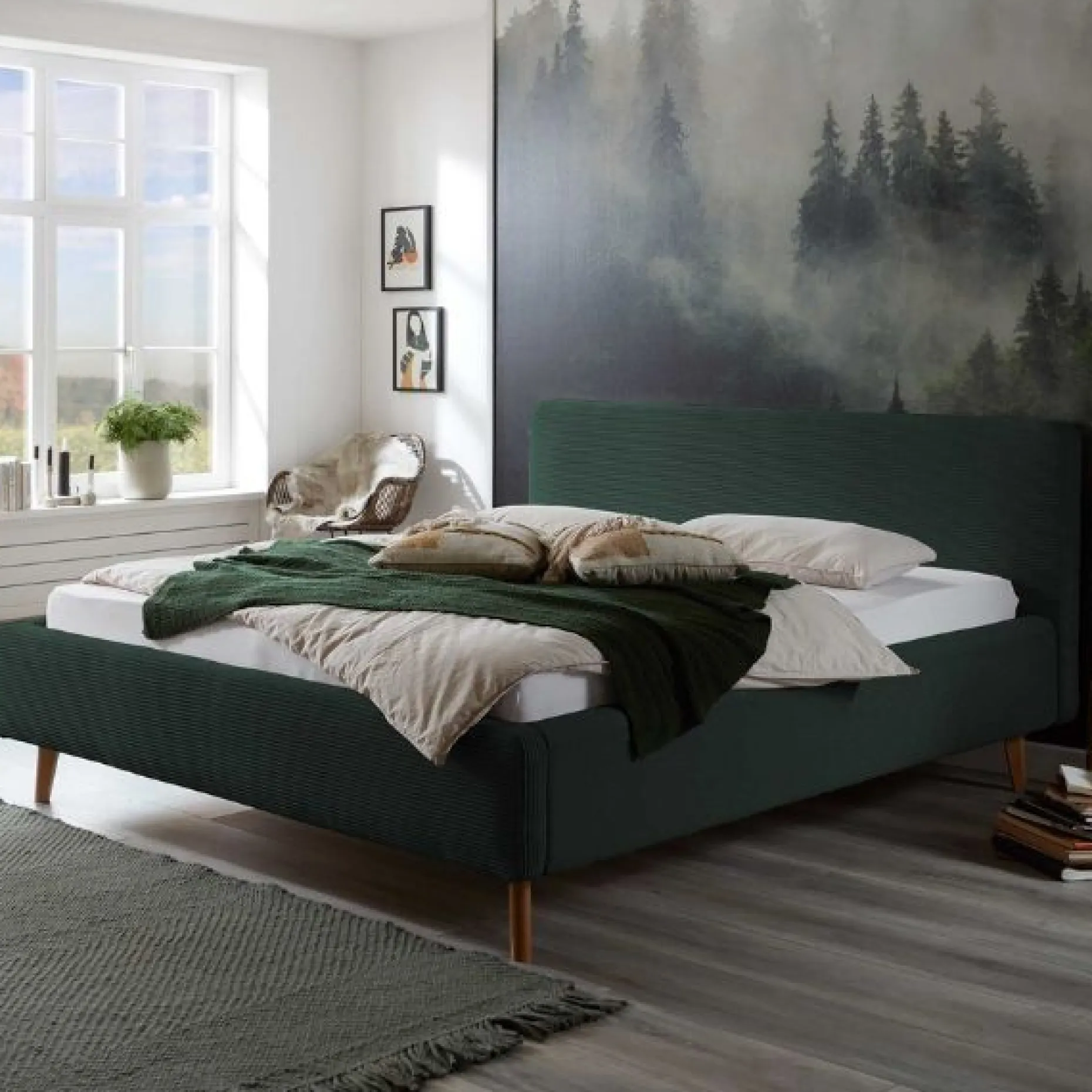 Bett Madras 160x200cm mit Lagerung Rippe Samt - dunkelgrün