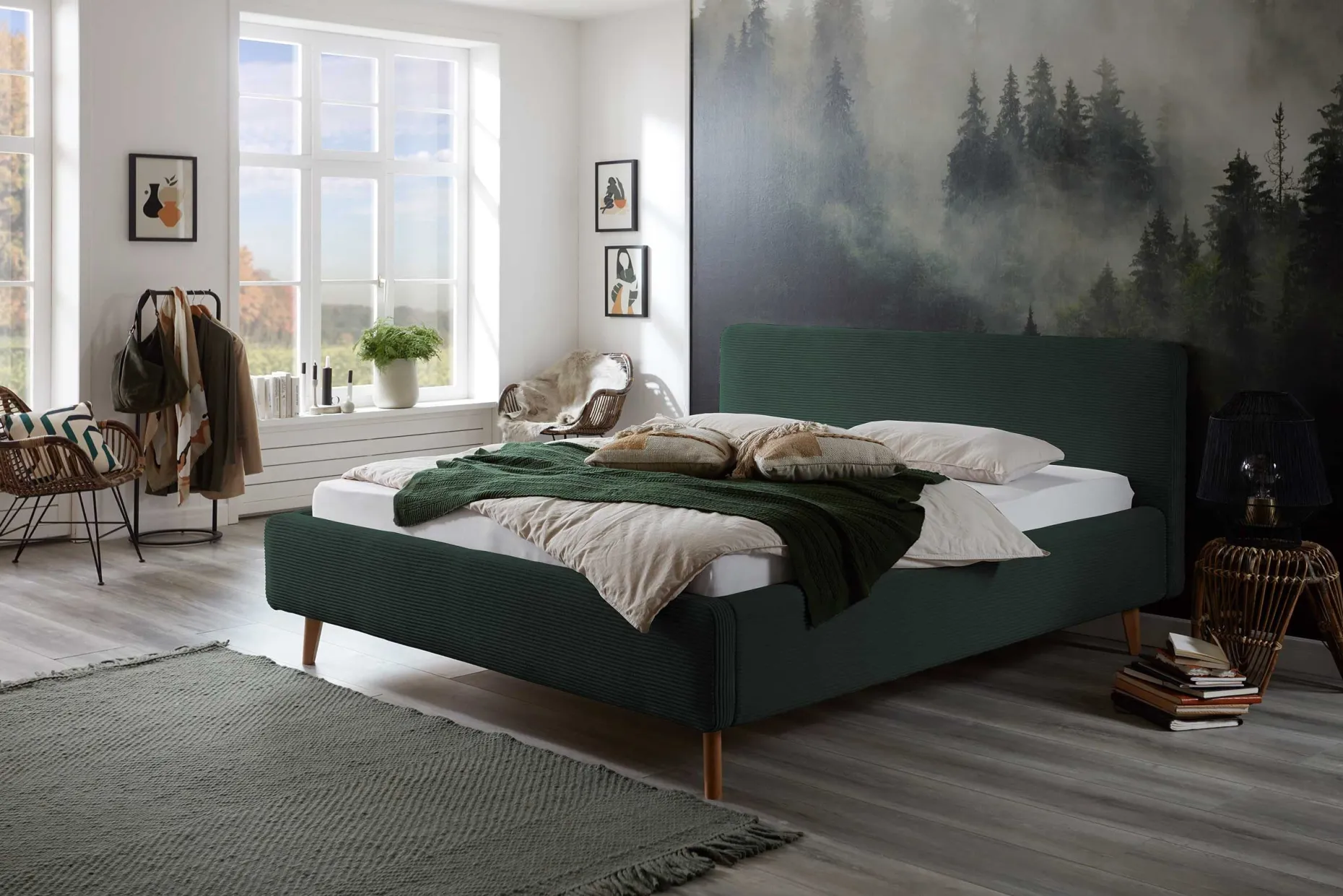 Bett Madras 160x200cm mit Lagerung Rippe Samt - dunkelgrün