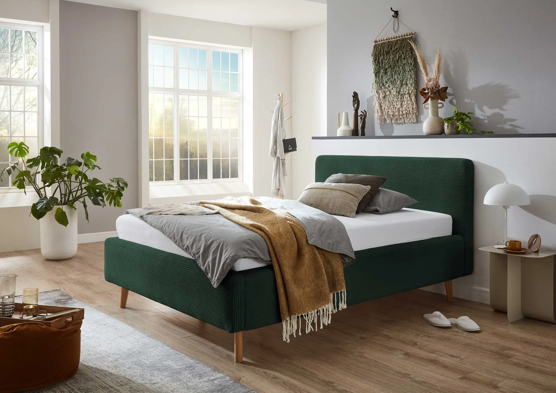Bett Madras 140x200cm mit Stauraum Rippe Samt - dunkelgrün