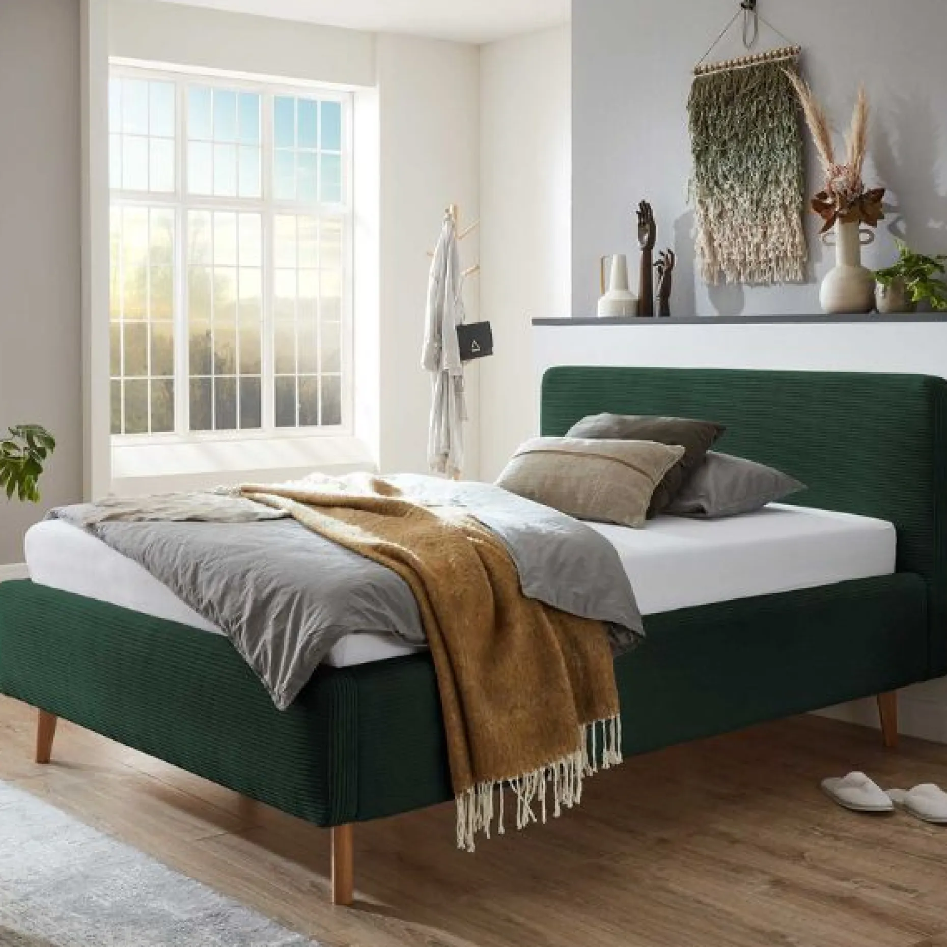 Bett Madras 140x200cm mit Stauraum Rippe Samt - dunkelgrün