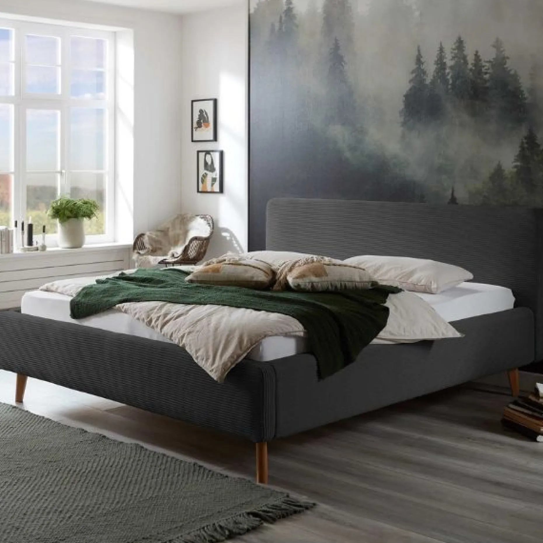 Bett Madras 160x200cm mit Stauraum Rippe Samt - anthrazit
