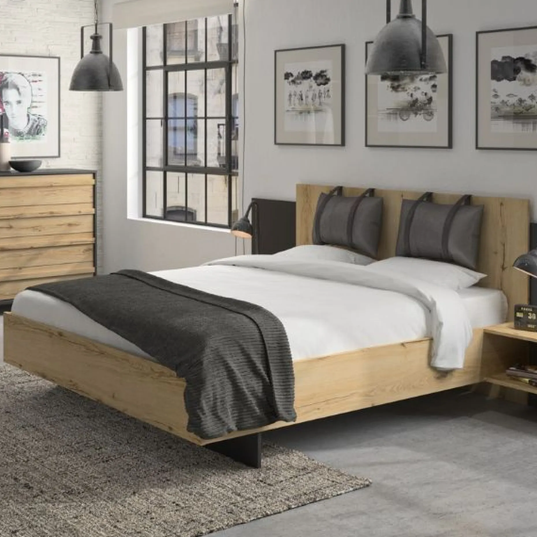 Bett Marzano 160x200cm mit zwei Nachttischen - helvezia Eiche