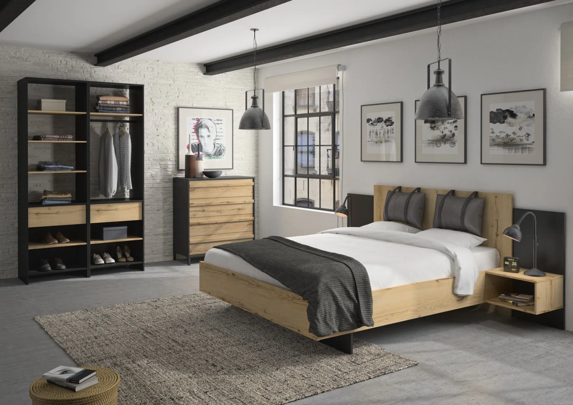 Bett Marzano 140x190cm mit zwei Nachttischen - helvezia Eiche