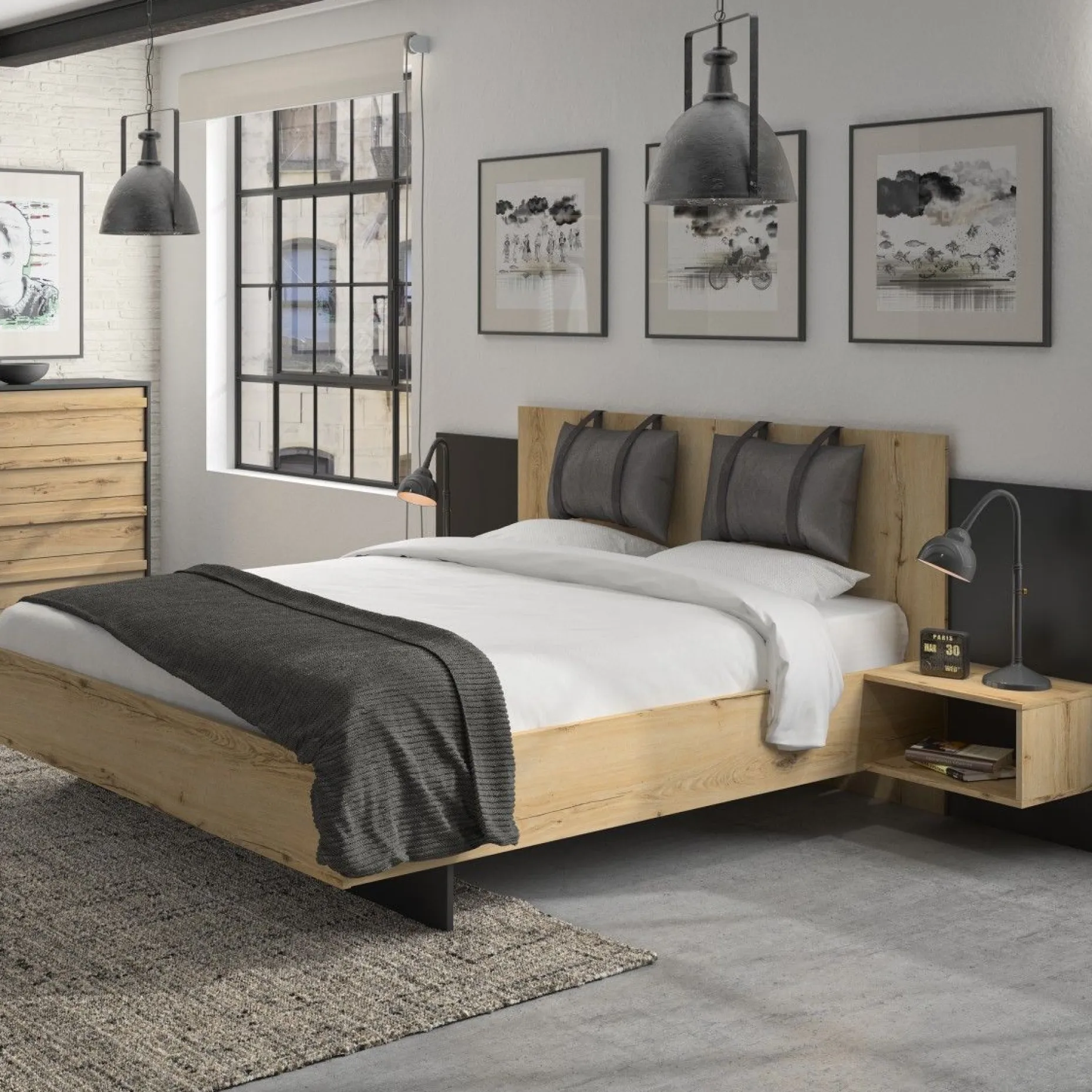 Bett Marzano 140x190cm mit zwei Nachttischen - helvezia Eiche