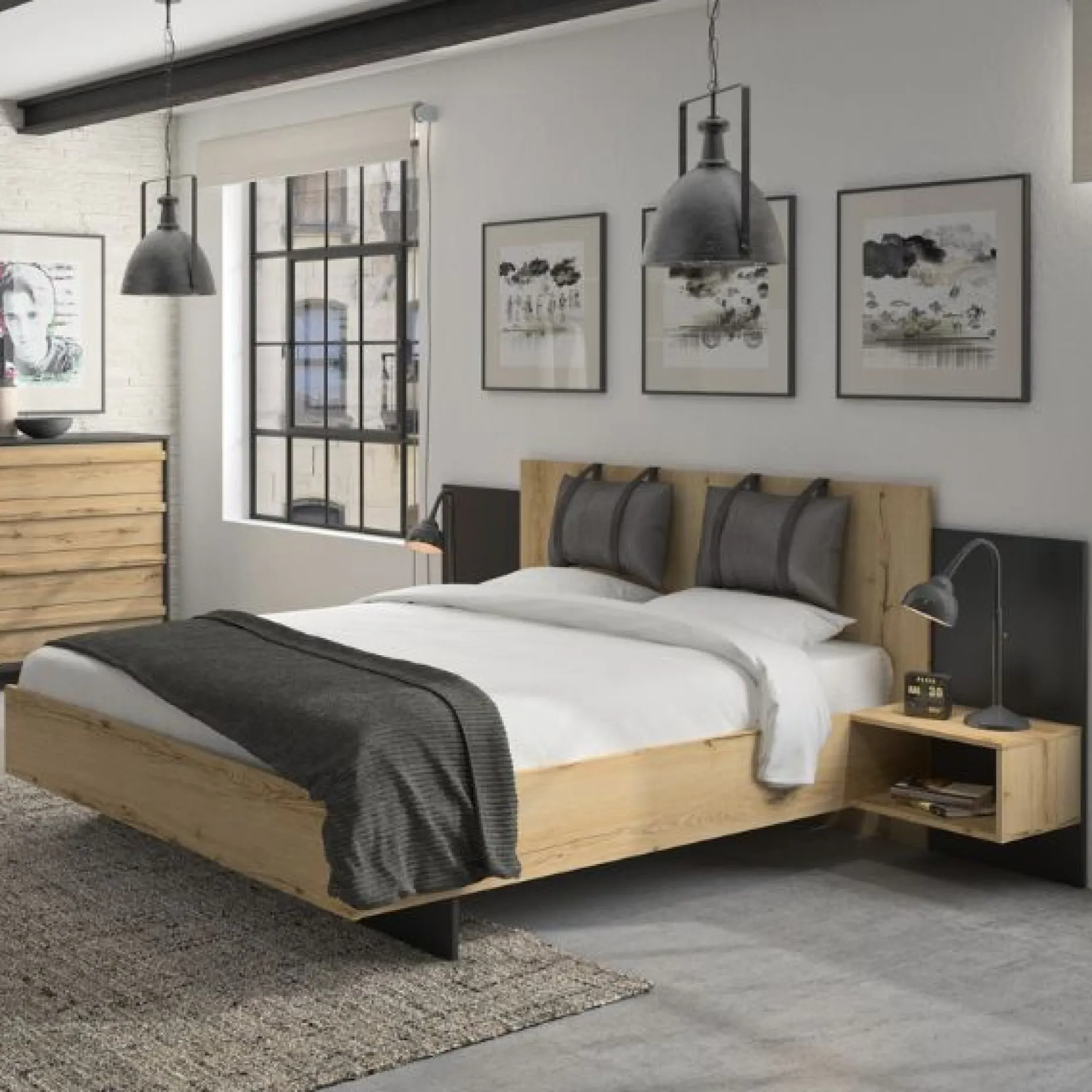 Bett Marzano 180x200cm mit zwei Nachttischen - helvezia Eiche