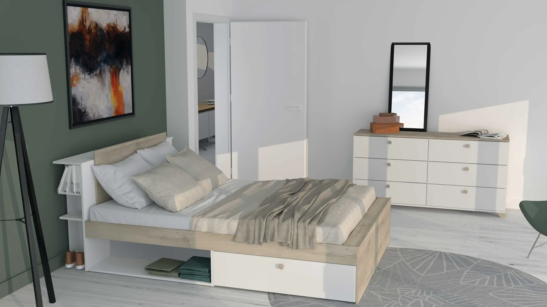 Bett Maura mit Stauraum 140 x 190cm/200 cm-Kronberg Eiche/Mattweiß