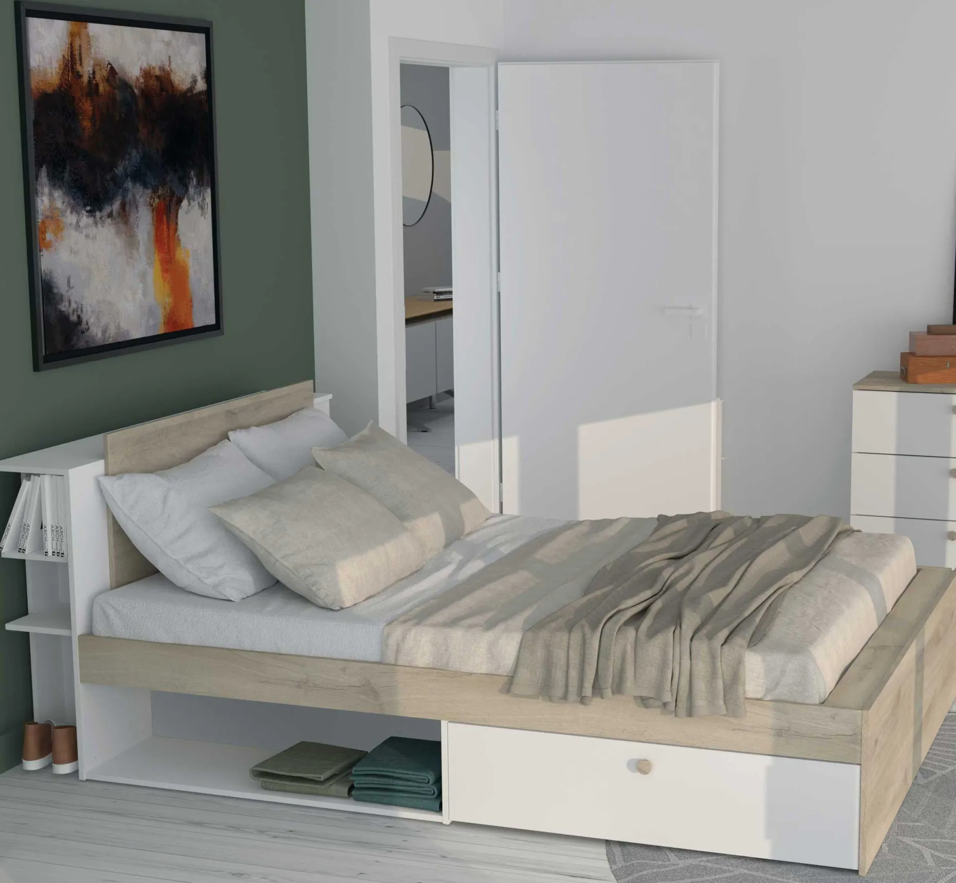 Bett Maura mit Stauraum 140 x 190cm/200 cm-Kronberg Eiche/Mattweiß