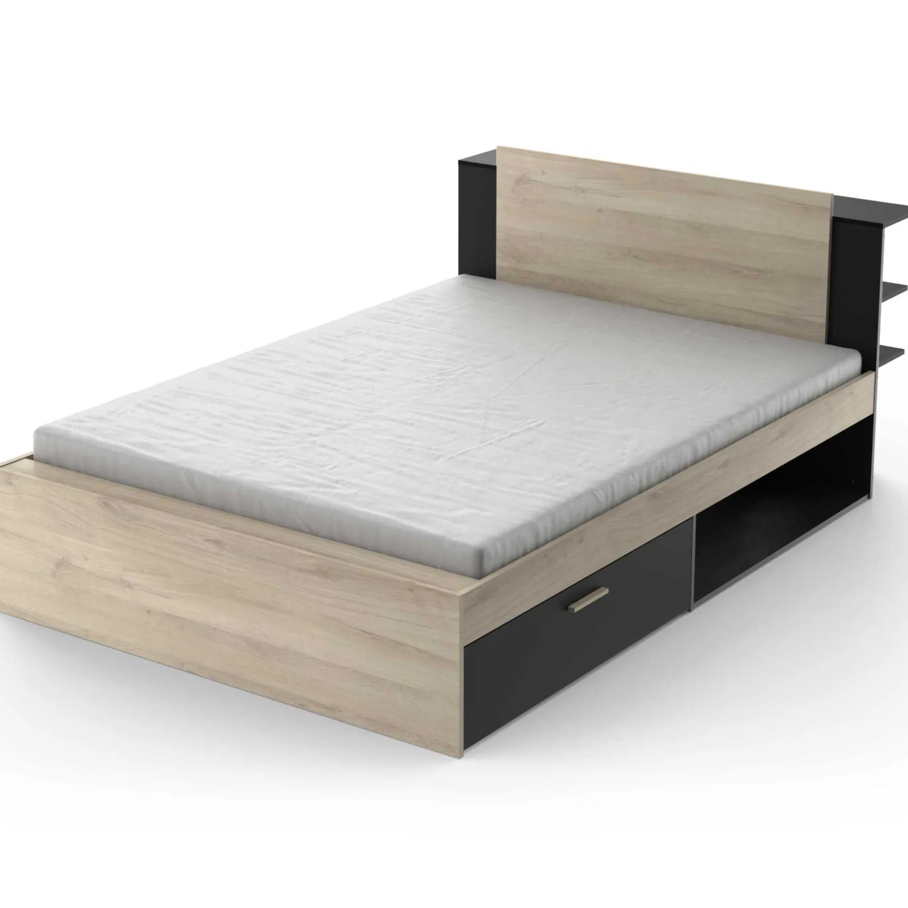 Bett Maura mit Stauraum 140 x 190cm/200 cm-Kronberg Eiche/Mattschwarz