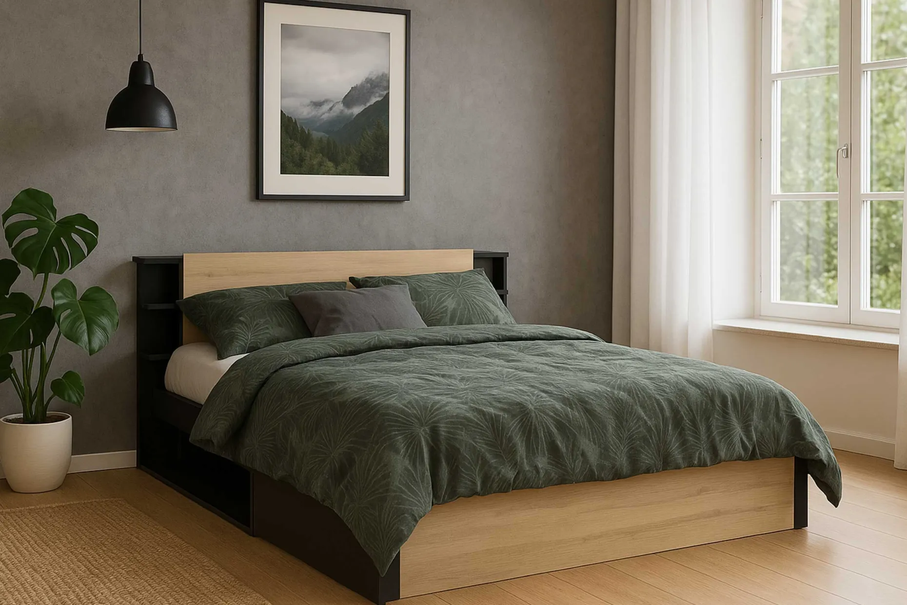 Bett Maura mit Stauraum 140 x 190cm/200 cm-Kronberg Eiche/Mattschwarz