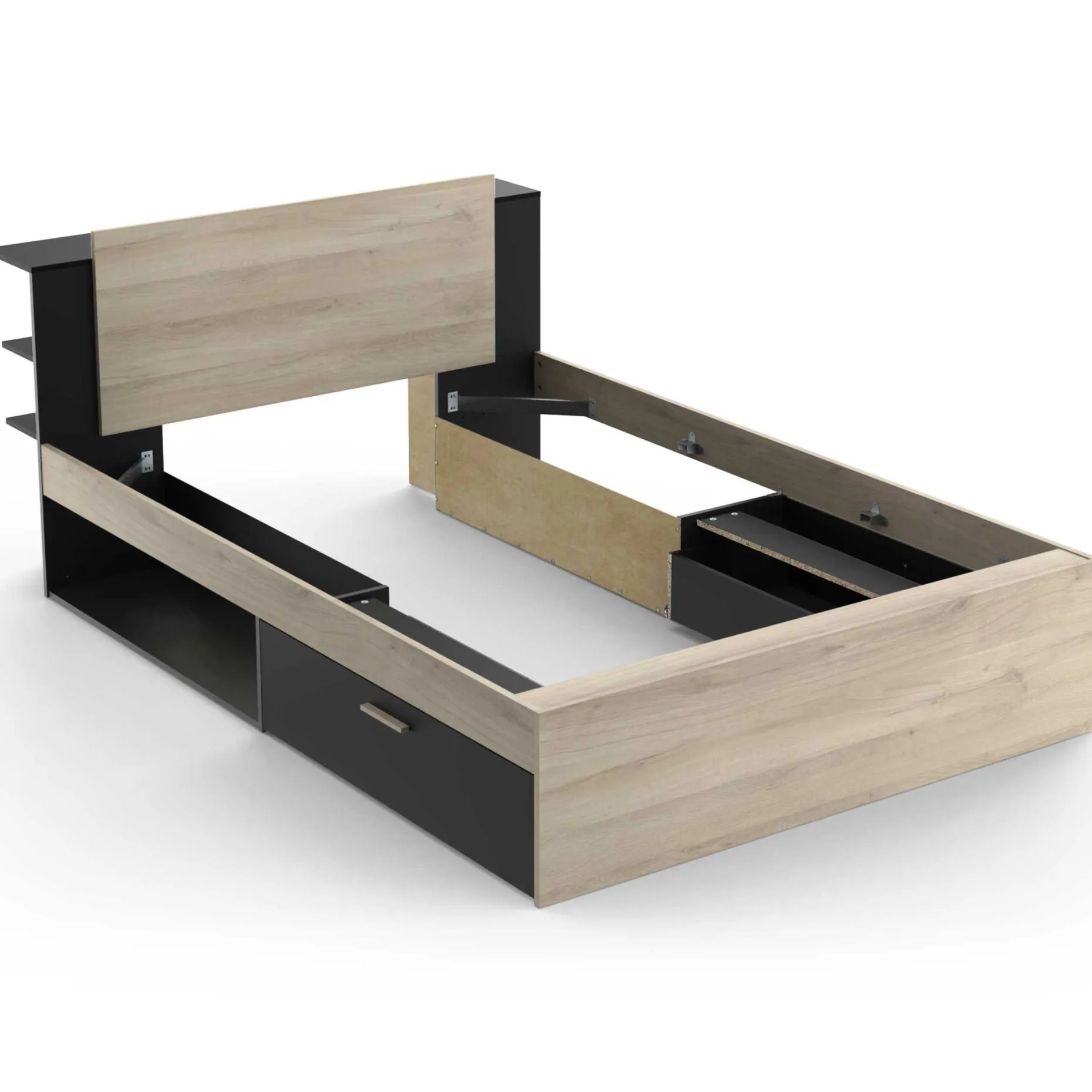 Bett Maura mit Stauraum 140 x 190cm/200 cm-Kronberg Eiche/Mattschwarz
