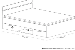 Bett Micheline 140 x 190 cm-gebürstete Eiche/mattschwarz