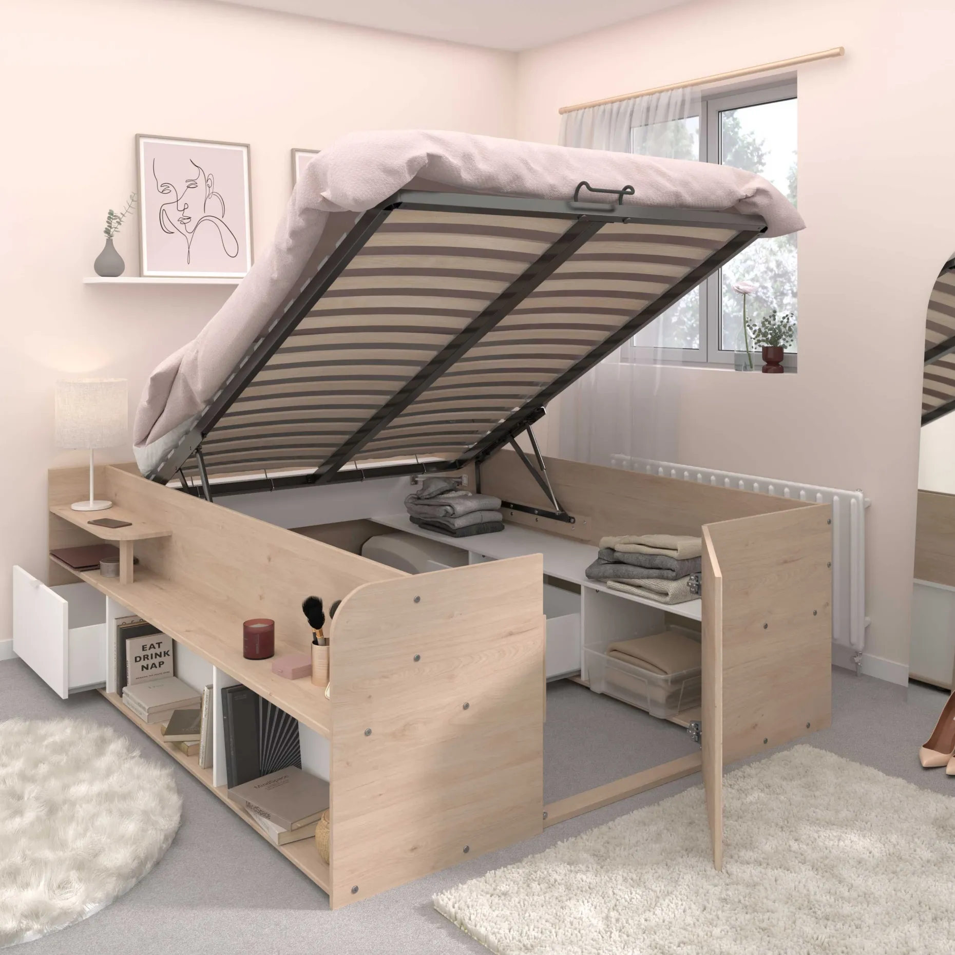 Bett mit Stauraum Taravel 140x200 - Jackson Eiche/Weiß