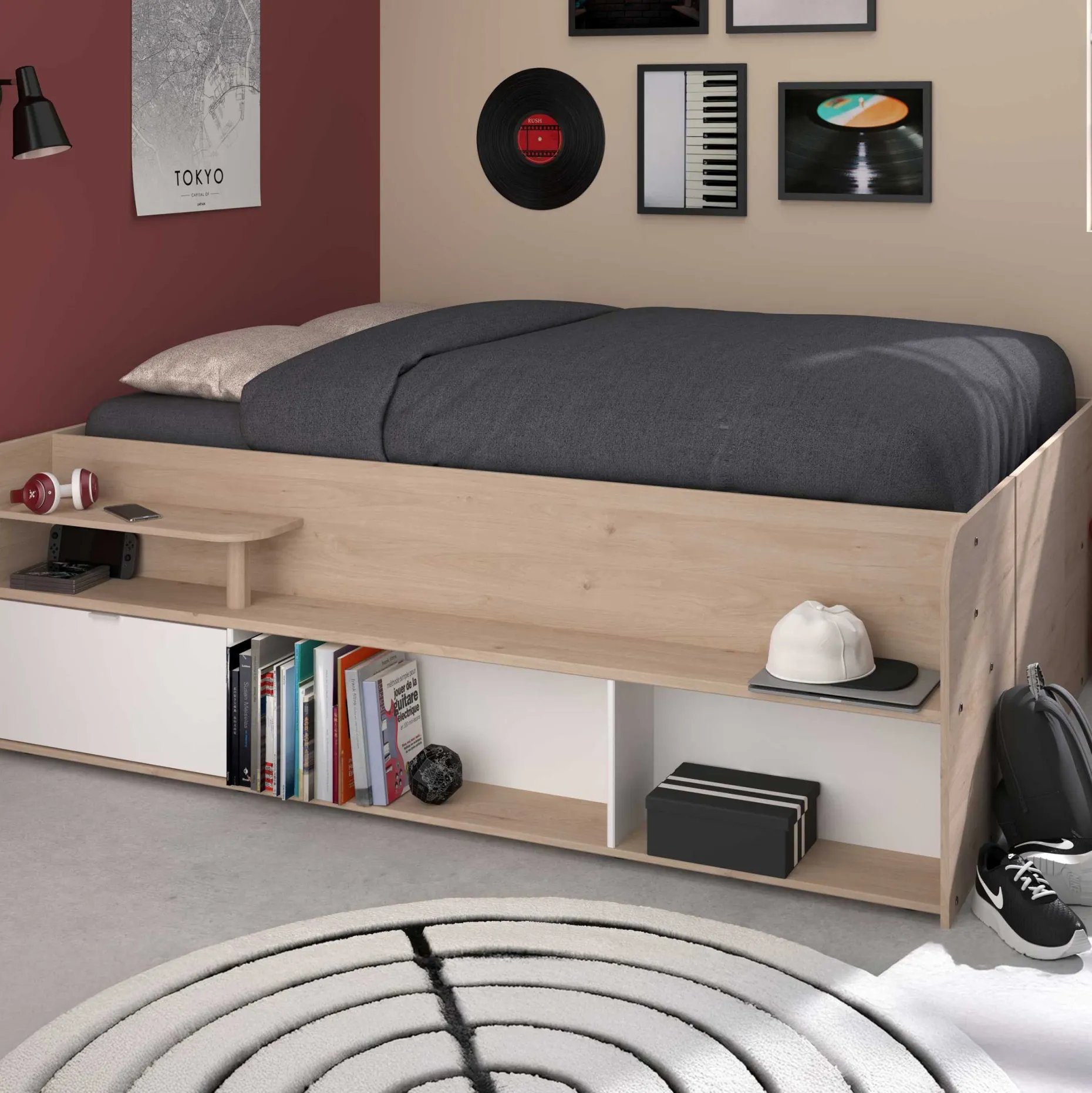 Bett mit Stauraum Taravel 140x200 - Jackson Eiche/Weiß