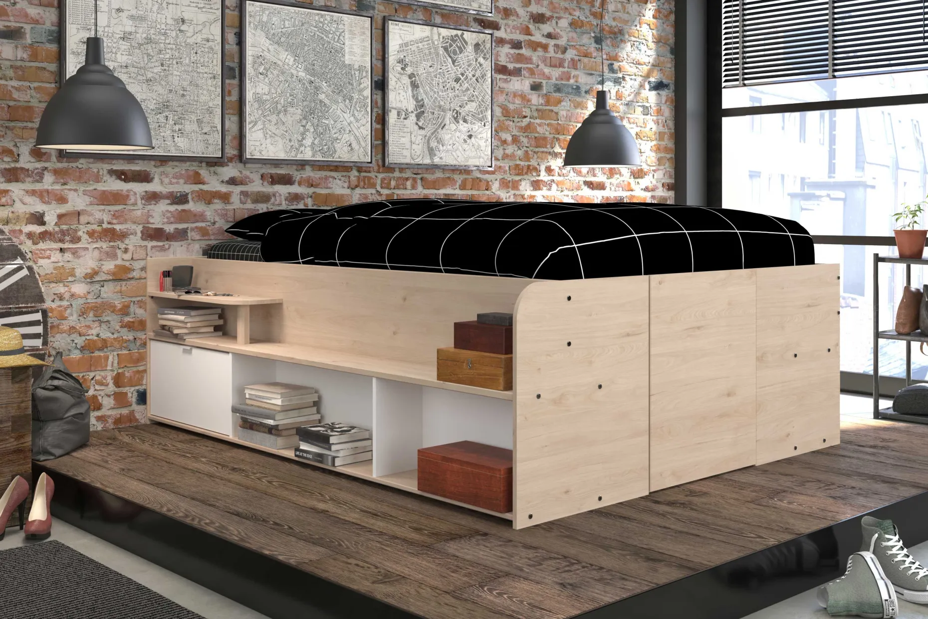 Bett mit Stauraum Taravel 140x200 - Jackson Eiche/Weiß