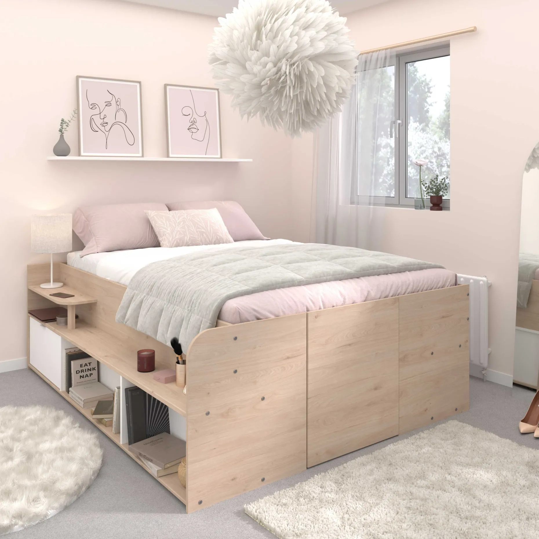 Bett mit Stauraum Taravel 140x200 - Jackson Eiche/Weiß
