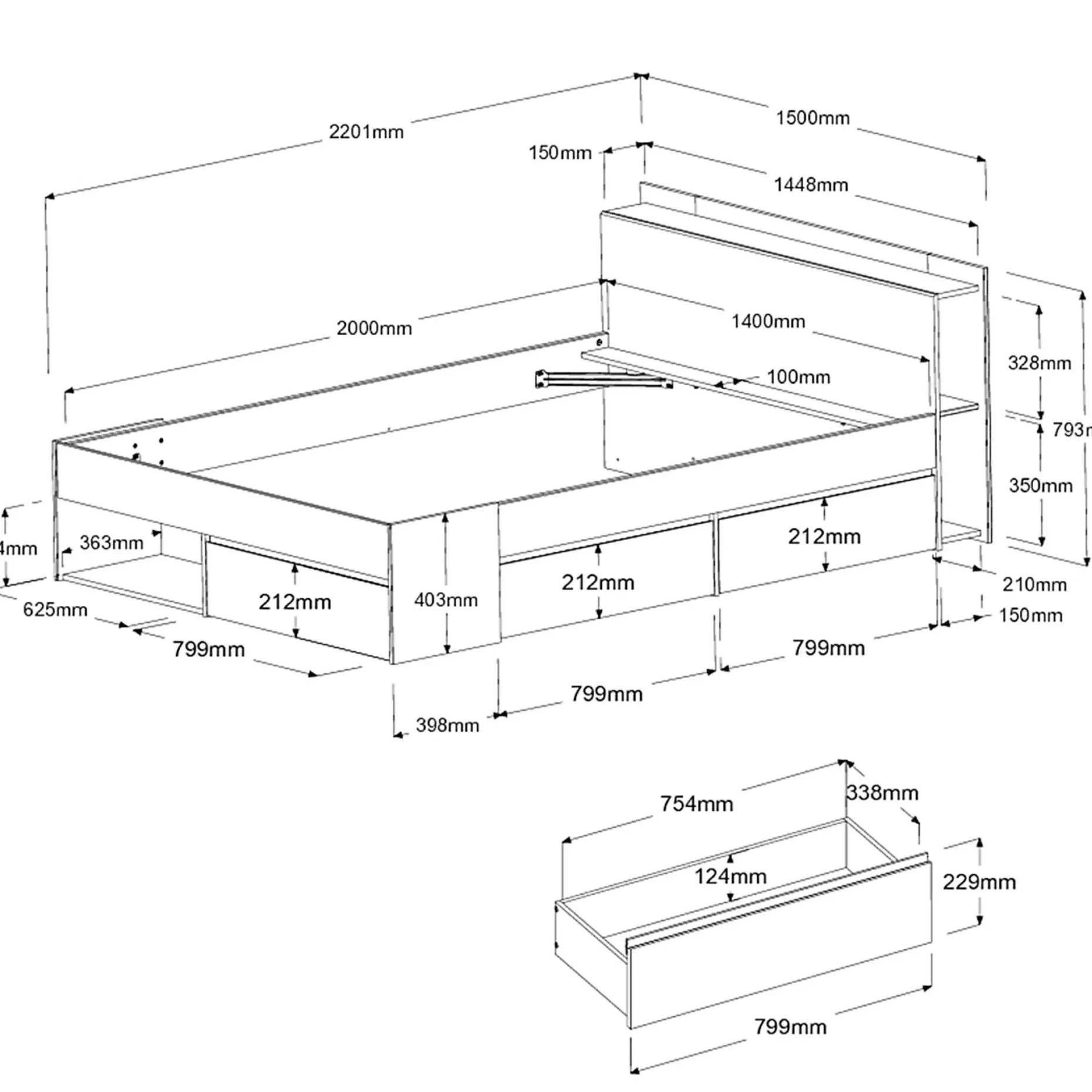 Bett Most 140x190/200cm mit Schubladen - schwarz