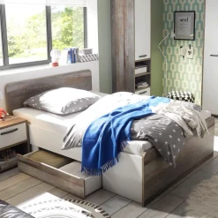 Bett Petrus 140x200 mit 2 Schubladen - weiß/ driftwood