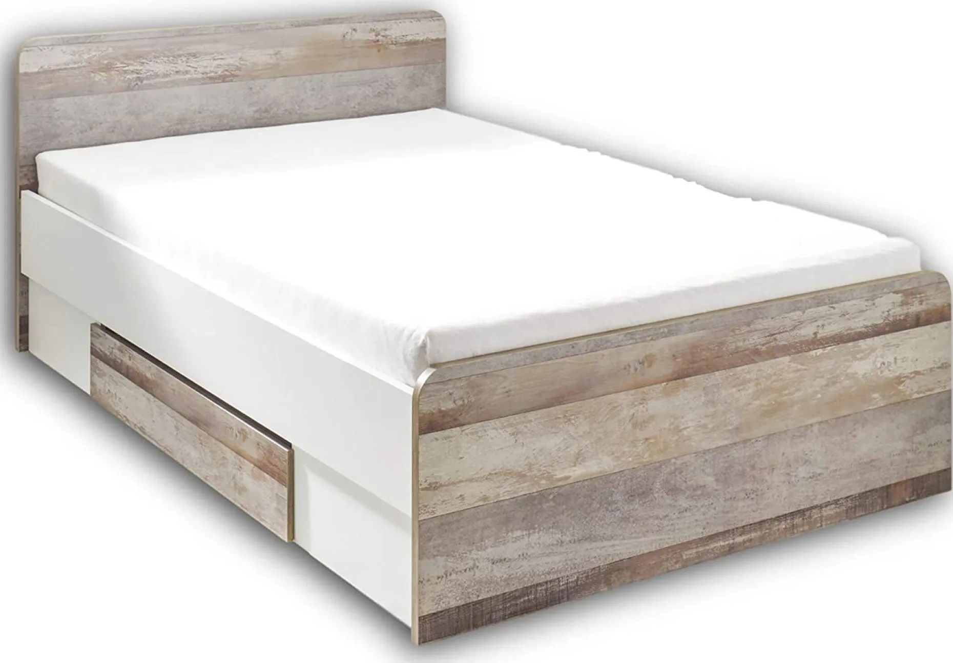 Bett Petrus 140x200 mit 2 Schubladen - weiß/ driftwood