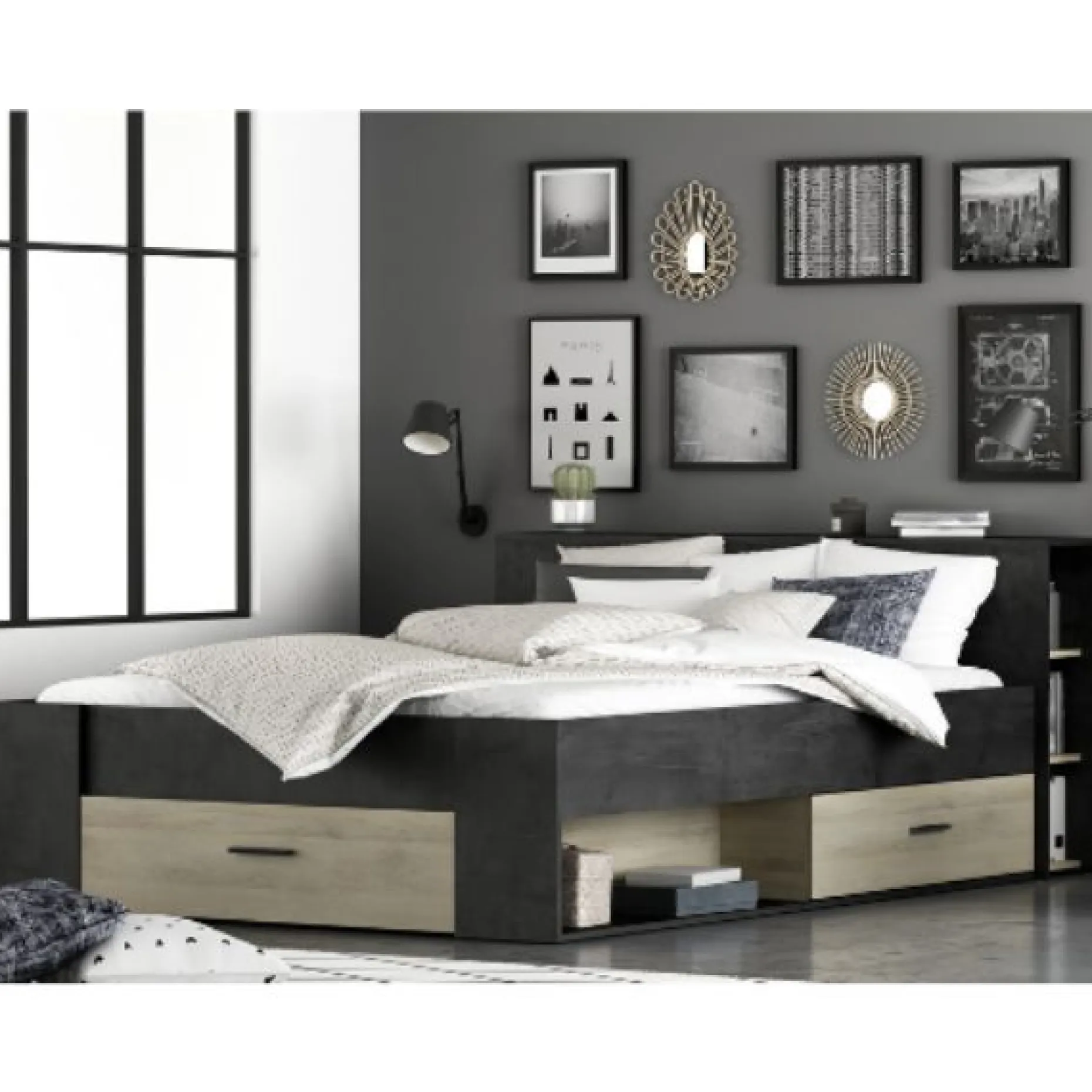 Bett Polly 140 x 190 cm-Sidewalk schwarz/Kronberger Eiche