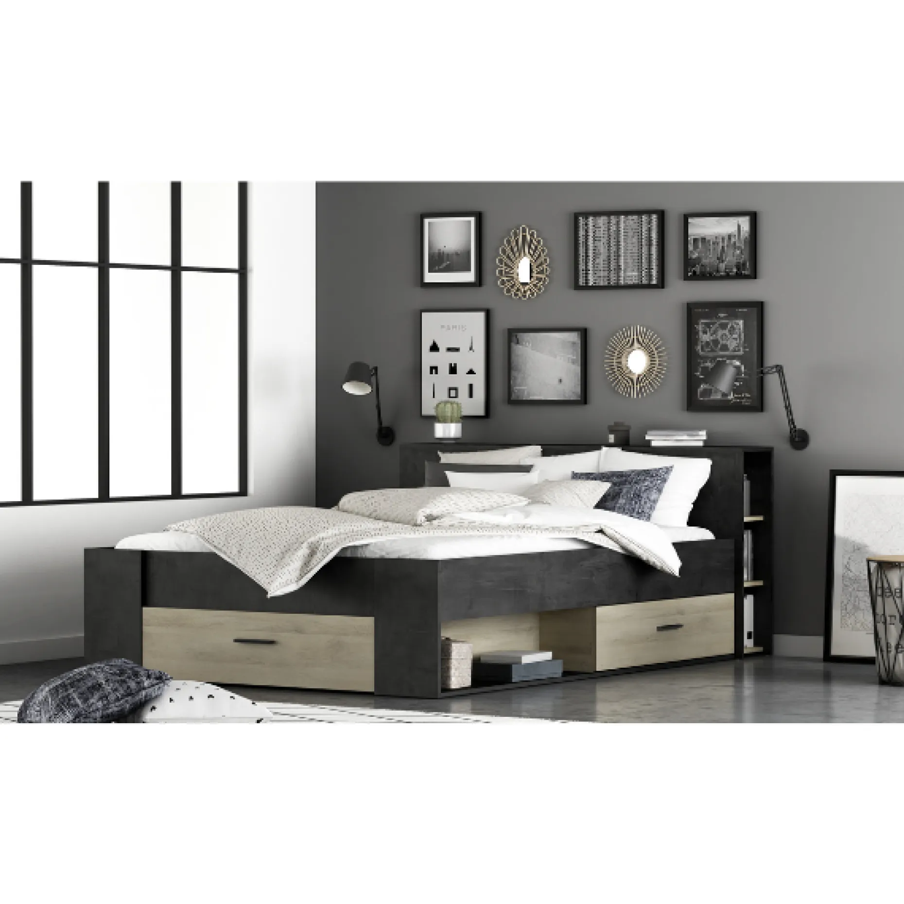 Bett Polly 140 x 190 cm-Sidewalk schwarz/Kronberger Eiche