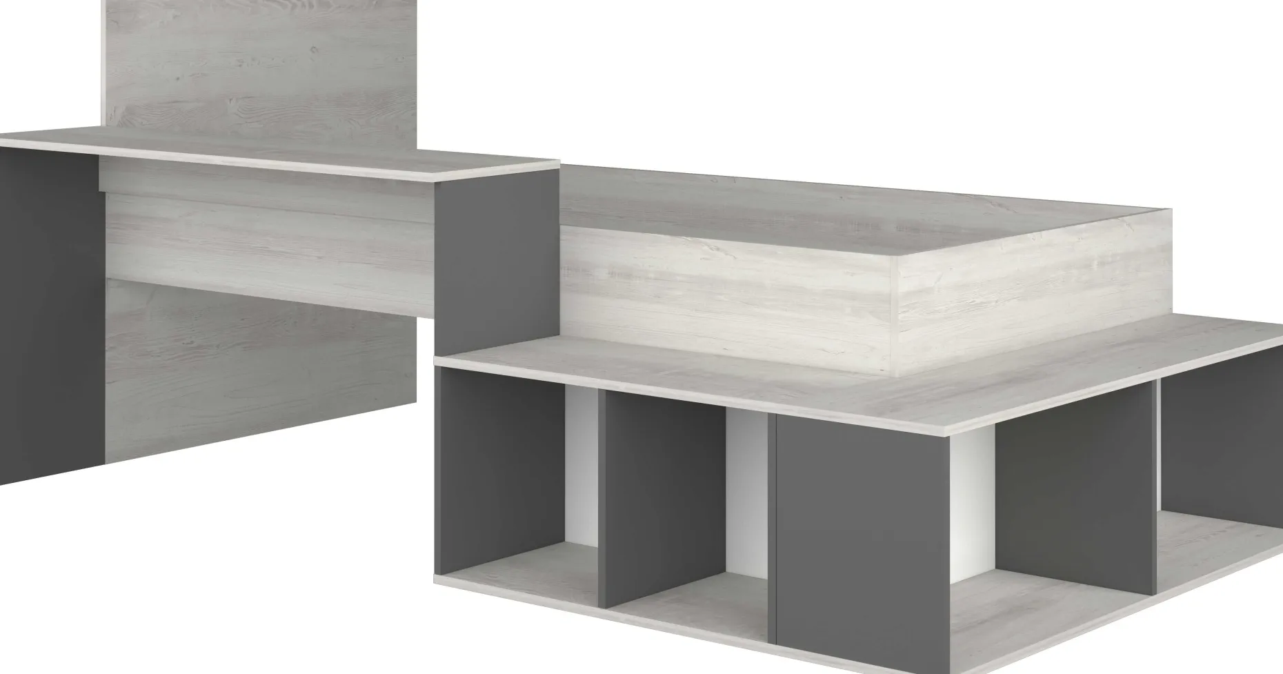 Bett Quinn 90x200 cm mit Schreibtisch und Stauraum - Kiefer/grau