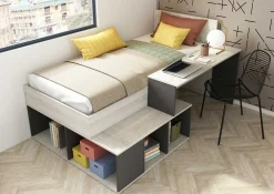 Bett Quinn 90x200 cm mit Schreibtisch und Stauraum - Kiefer/grau