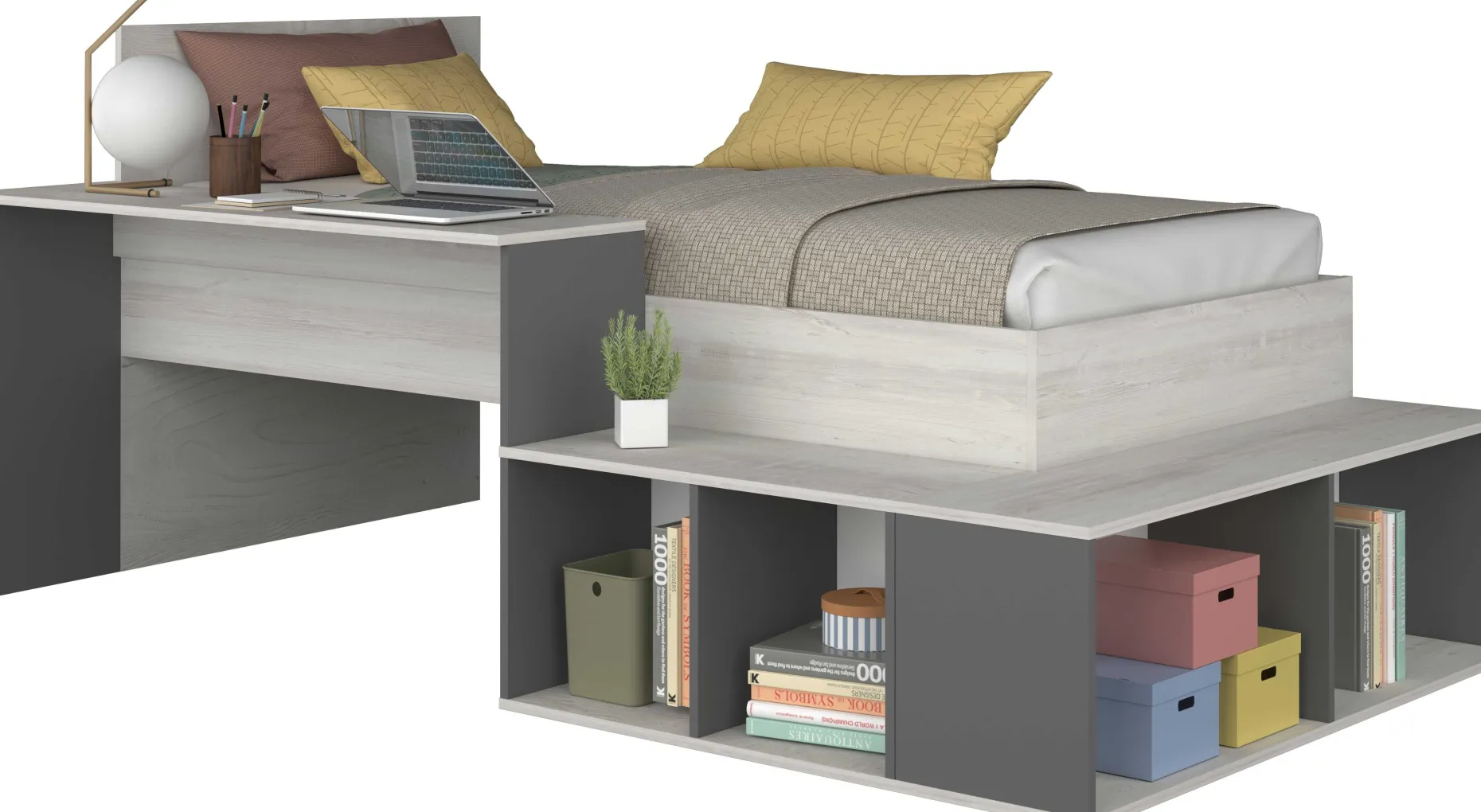 Bett Quinn 90x200 cm mit Schreibtisch und Stauraum - Kiefer/grau