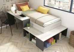 Bett Quinn 90x200 cm mit Schreibtisch und Stauraum - Kiefer/grau