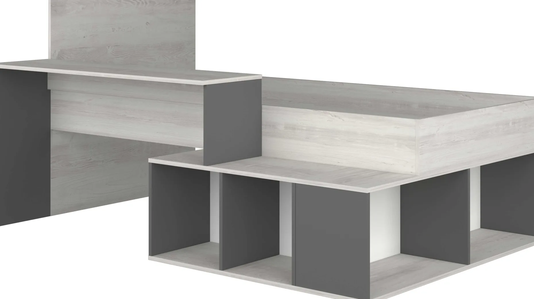 Bett Quinn 90x200 cm mit Schreibtisch und Stauraum - Kiefer/grau