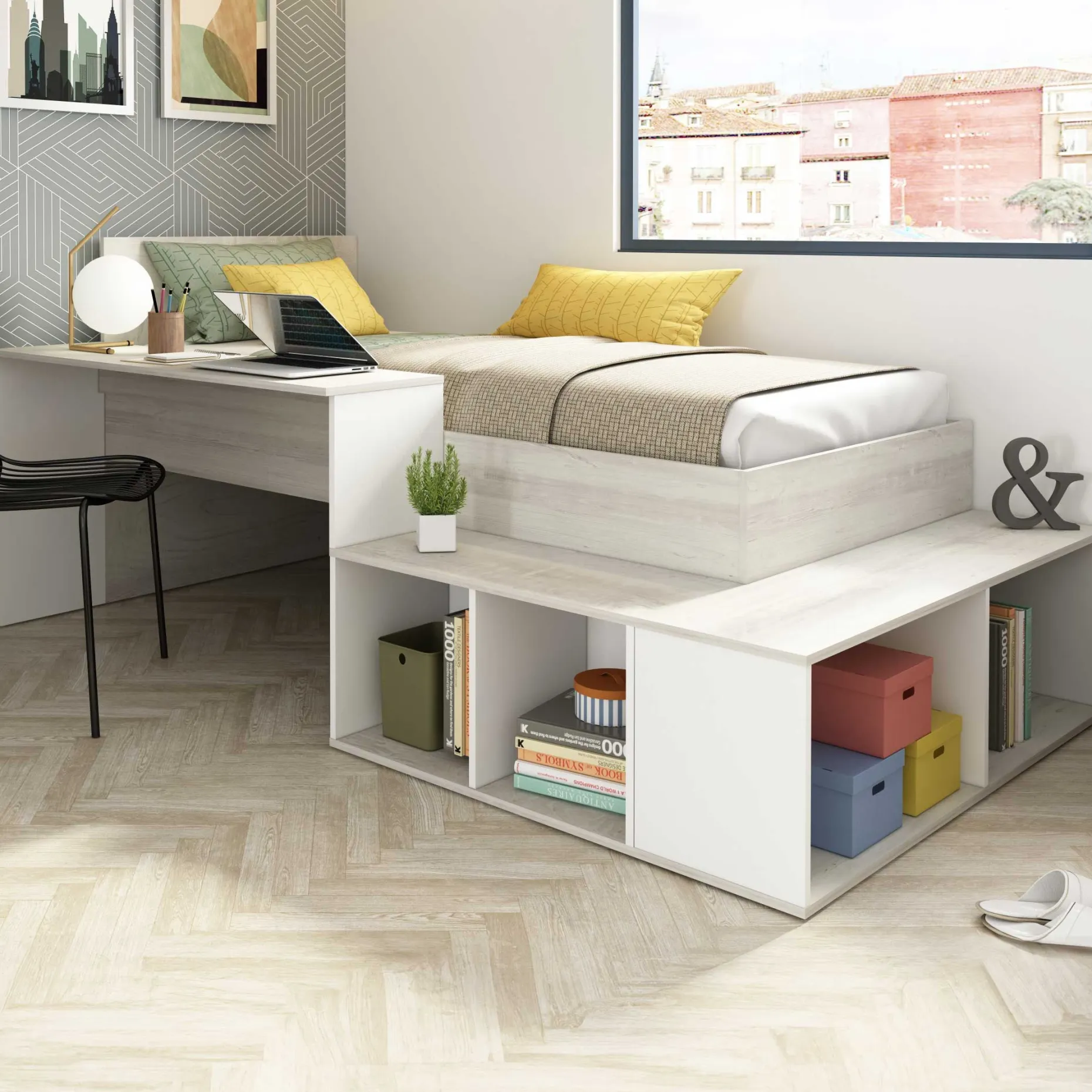 Bett Quinn 90x200 cm mit Schreibtisch und Stauraum - Kiefer/weiß