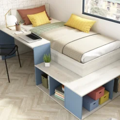 Bett Quinn 90x200 cm mit Schreibtisch und Stauraum - Kiefer/blau