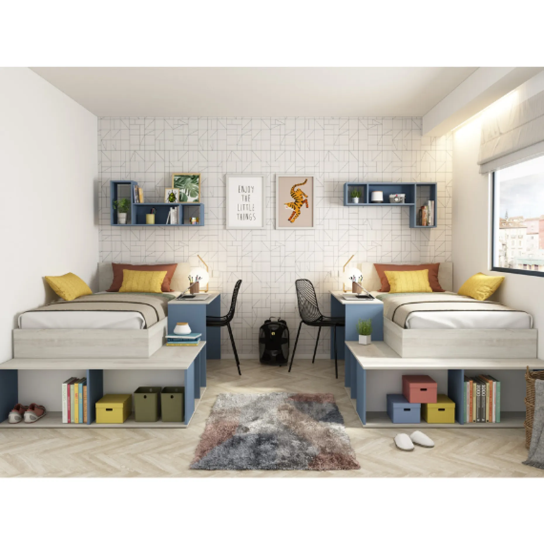 Bett Quinn 90x200 cm mit Schreibtisch und Stauraum - Kiefer/blau