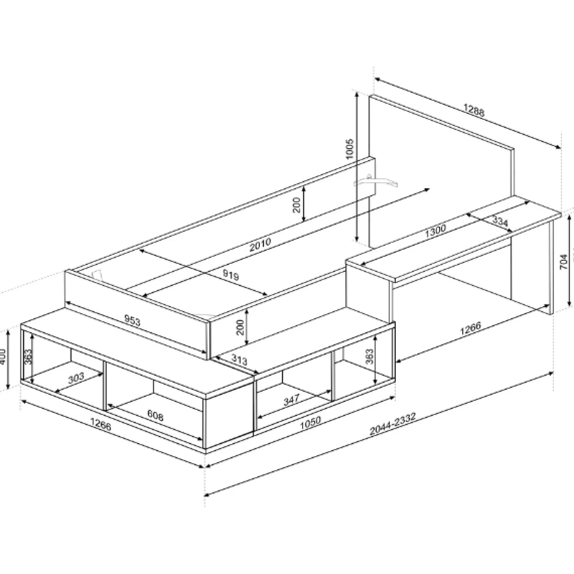 Bett Quinn 90x200 cm mit Schreibtisch und Stauraum - Kiefer/blau