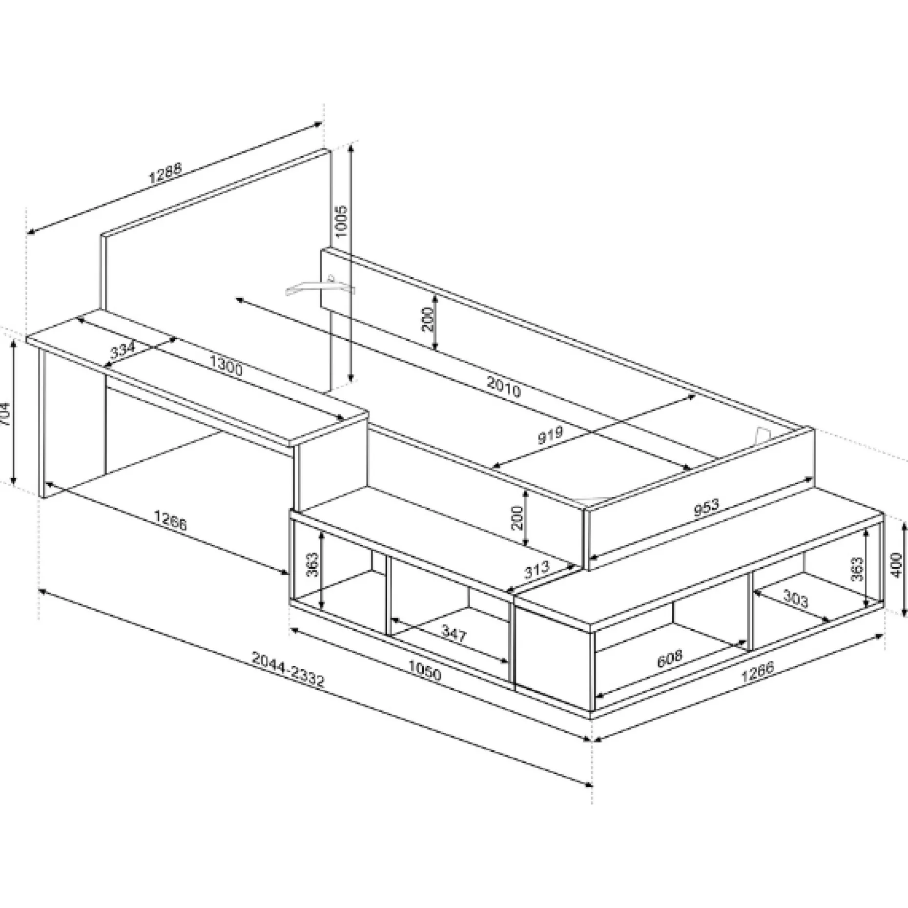 Bett Quinn 90x200 cm mit Schreibtisch und Stauraum - Kiefer/blau