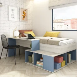Bett Quinn 90x200 cm mit Schreibtisch und Stauraum - Kiefer/blau