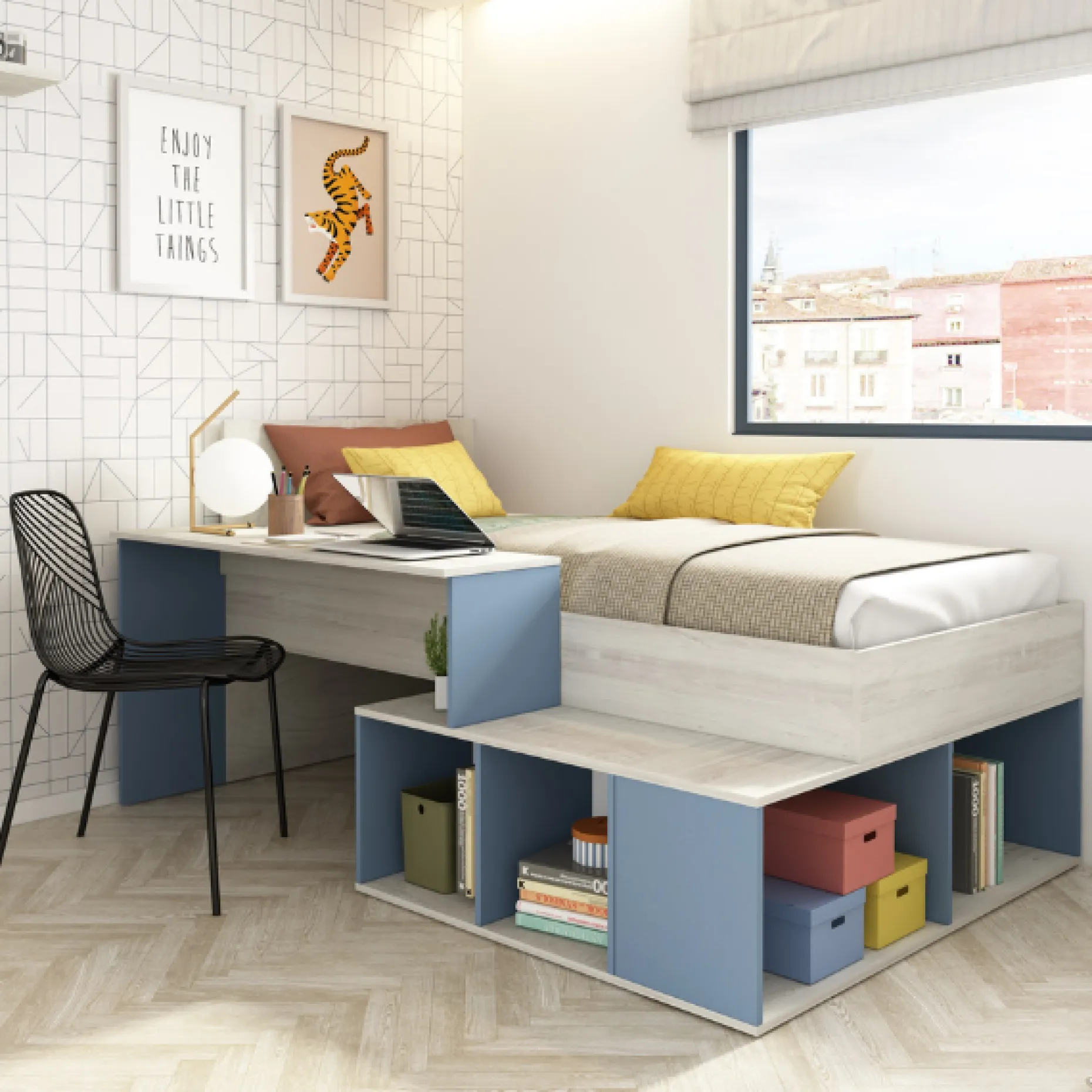 Bett Quinn 90x200 cm mit Schreibtisch und Stauraum - Kiefer/blau