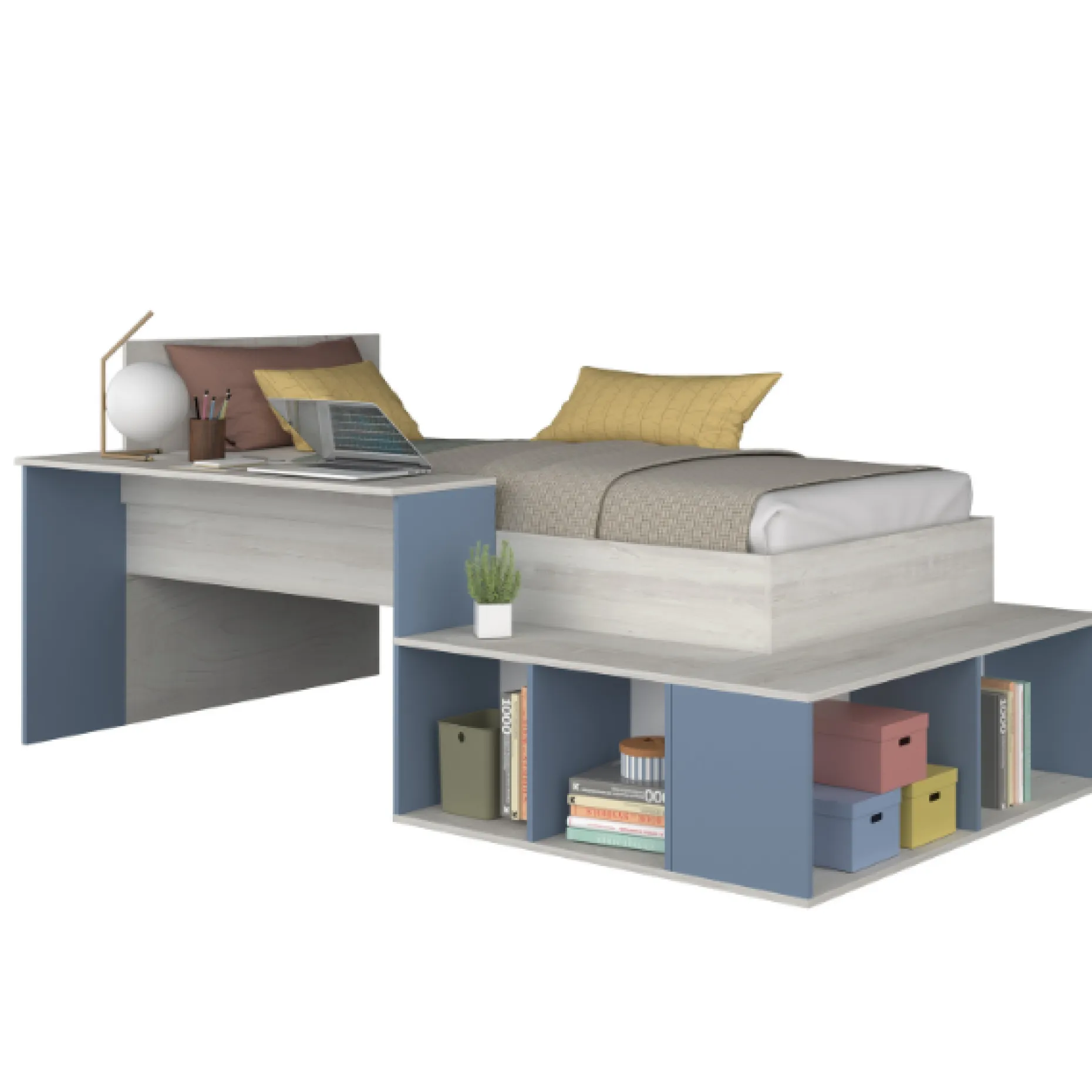 Bett Quinn 90x200 cm mit Schreibtisch und Stauraum - Kiefer/blau