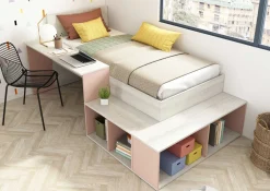Bett Quinn 90x200 cm mit Schreibtisch und Stauraum - Kiefer/altrosa