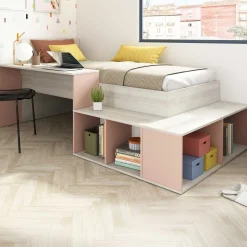 Bett Quinn 90x200 cm mit Schreibtisch und Stauraum - Kiefer/altrosa